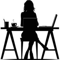 AI generated Silhouette Office Desk With Laptop and Coffee with women working inside vector