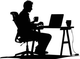 AI generated Silhouette Office Desk With Laptop and Coffee black color only vector