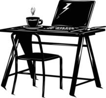 AI generated Silhouette Office Desk With Laptop and Coffee black color only vector