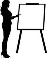 AI generated Silhouette Business Woman Making Presentation on Whiteboard black color only vector
