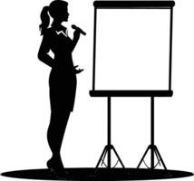 AI generated Silhouette Business Woman Making Presentation on Whiteboard black color only vector