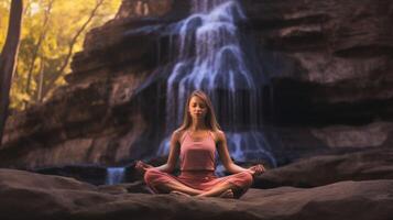 ai generado niña lo hace yoga. mujer en loto posición medita concepto de espiritualidad, aptitud y Deportes, bienestar y autocontrol. ai generado foto