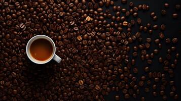 AI generated Coffee beans on dark surface. Cup of Americano coffee, top view. Empty space for a template photo