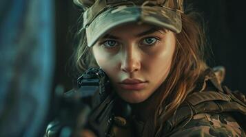 AI generated Pretty woman Sniper in ambush. Portrait of modern female soldier with rifle looking through scope. AI Generated photo