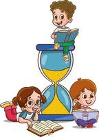 Happy kids with hourglass. Cartoon vector illustration. Time concept.