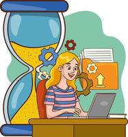 Time management concept. The character looks at the hourglass and tries to organize and organize work and life time.vector illustration. vector