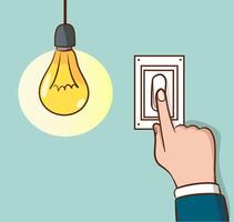 To turn on the light. The man presses the switch button with his finger. Electricity saving template. vector