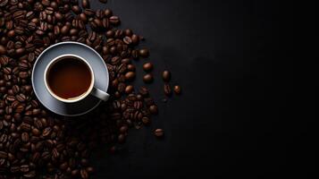 AI generated Coffee beans on dark surface. Cup of Americano coffee, top view. Empty space for a template and a business banner. AI Generated photo