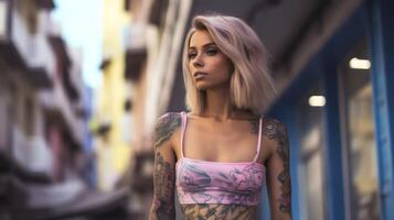 AI generated Tattooed girl on city street. Young model with tattoos on her shoulder, modern subculture and fashion. AI generated. Portrait of a beauty woman photo