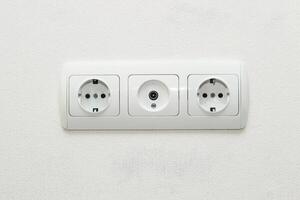 Sockets in the wall together with an input for an antenna for television. photo