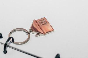 Notebook with rings, checkered sheets, keychain with a house. photo