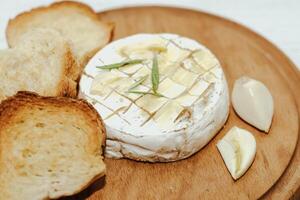 White baguette cut into pieces with olive oil and Camembert cheese on the table. photo