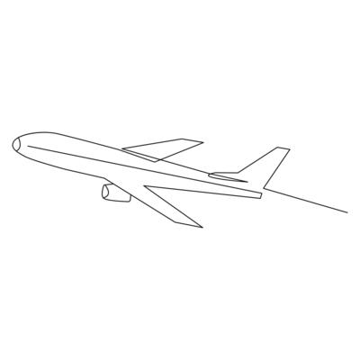 Continuous line drawing of airplane. One line Drawing from the hands of a black and white background