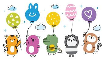 conjunto de linda animales línea mano dibujado estilo sostener vistoso globo en nube cielo fondo.tigre,koala,cocodrilo,panda oso, mono dibujos animados colección.kawaii.vector.ilustracion. vector