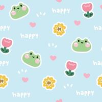 Seamless pattern of cute frog face with flower heart and happy text on pastel background.Reptile animal character cartoon design.Image for card,poster,baby clothing.Kawaii.Vector.Illustration. vector