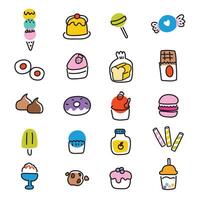 Set of cute icon cartoon in line hand drawn style on white background.Bakery concept.Sweet and dessert.Bread.Macaron.Bubble milk tead.Kawaii.Vector.Illustration. vector