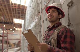 AI generated Construction worker with clipboard working in construction building, renovation inspection concept photo