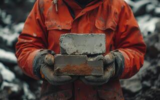 AI generated Person in red jacket holding bricks with gloves, exterior wall inspection concept photo