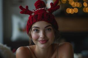 AI generated A woman wears reindeer hat smiling with joy, funny costumes and disguises photo