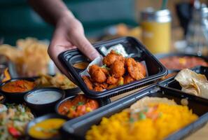 AI generated Hand holds tray with indian food bhajiye and dishes, islamic iftar concept photo