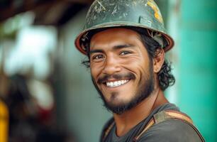 AI generated Happy construction worker smiling at the job site, home inspector at work image photo