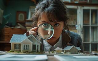 AI generated A woman uses a magnifying glass to inspect a model house on a desk, property exterior inspection concept photo