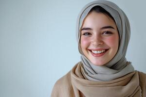 AI generated Happy young muslim woman in hijab smiling against white background, islamic traditional clothing image photo