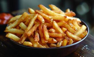AI generated A bowl of french fries on a table, american food image photo