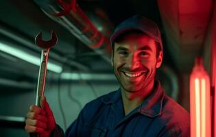 AI generated Smiling plumber holds wrench ready to fix issues in your home, plumbing inspection image photo