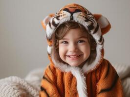 ai generado un sonriente joven niño vestido como un Tigre en un traje, gracioso disfraces y disfraces imagen foto