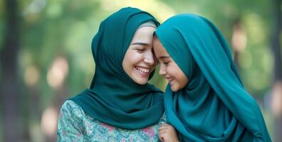 ai generado madre y hija sonriente vistiendo hijabs en parque, musulmán familia momentos imagen foto