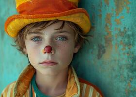 AI generated Young boy joyfully dressed as a clown, funny costumes and disguises picture photo