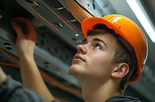 AI generated Man in hard hat works on ceiling, ceiling inspection image photo