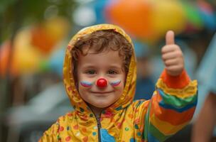 ai generado pequeño chico en payaso disfraz da pulgares arriba alegría y divertido en un vibrante azul fondo, gracioso disfraces y disfraces imagen foto