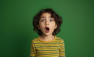 AI generated Child making surprised face on green background, people laughing image photo
