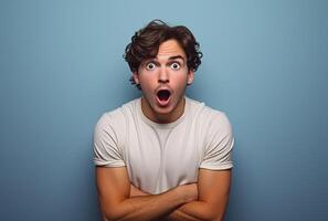 AI generated Man with surprised look posing for camera on blue background, people laughing picture photo