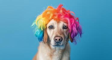 AI generated Dog wearing colorful wig on blue background, pet pranks image photo