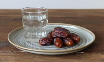 AI generated Dates on a plate with a glass of water, islamic traditional clothing image photo