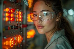 AI generated A woman engineer wearing safety glasses focuses on an electronic panel, electrical inspection image photo