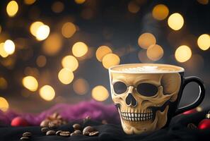 AI generated Coffee cup with skeleton face quirky and fun, food and drink pranks picture photo