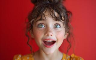 AI generated Happy girl expresses surprise and laughs against red background, people laughing photo