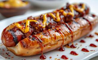 AI generated A hotdog with ketchup and mustard, american food image photo