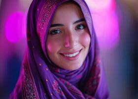 AI generated Beautiful muslim woman smiling wearing a scarf, islamic traditional clothing picture photo