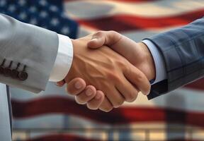 AI generated Two business members handshake in front of american flag, american unity and collaboration concept photo