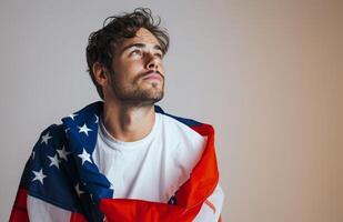 ai generado un hombre con americano bandera aislado en blanco fondo, americano personas con bandera concepto foto