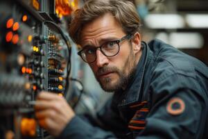 AI generated Technician inspects and works on electronic equipment, electrical inspection concept photo