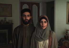 AI generated Muslim couple standing in room, muslim family moments image photo