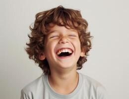 AI generated Happy young boy laughing against white background, people laughing image photo