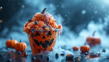 AI generated Sweet treat with pumpkin printed cup of ice cream, food and drink pranks picture photo