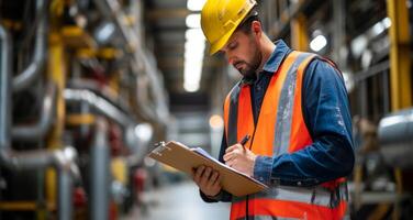AI generated Construction worker notes on clipboard documenting details on site, home inspector at work concept photo